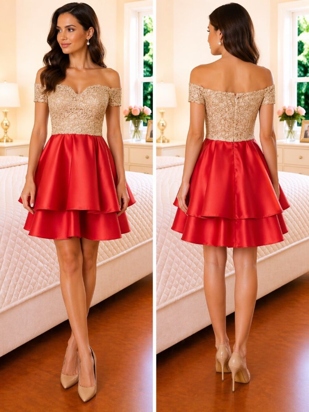 NWT B. Darlin Gold Lace Red A-Line Dress $79